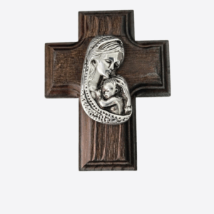CRUZ DE MADERA Y PEWTER CON MADONA